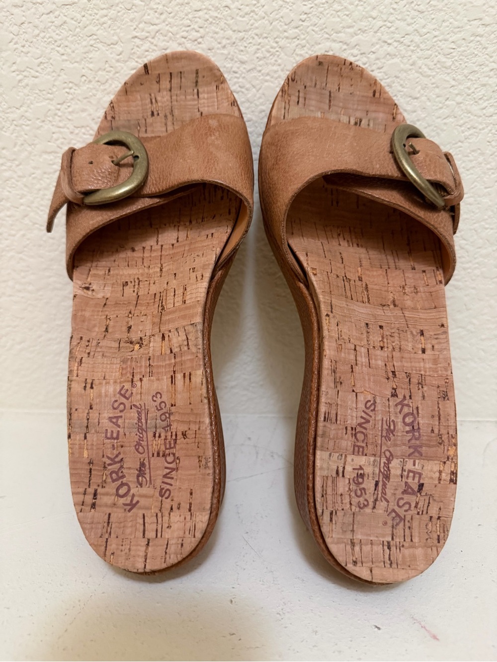 Kork-Ease Cork Slide Sandals Tan Brass Buckle Platform Wedge